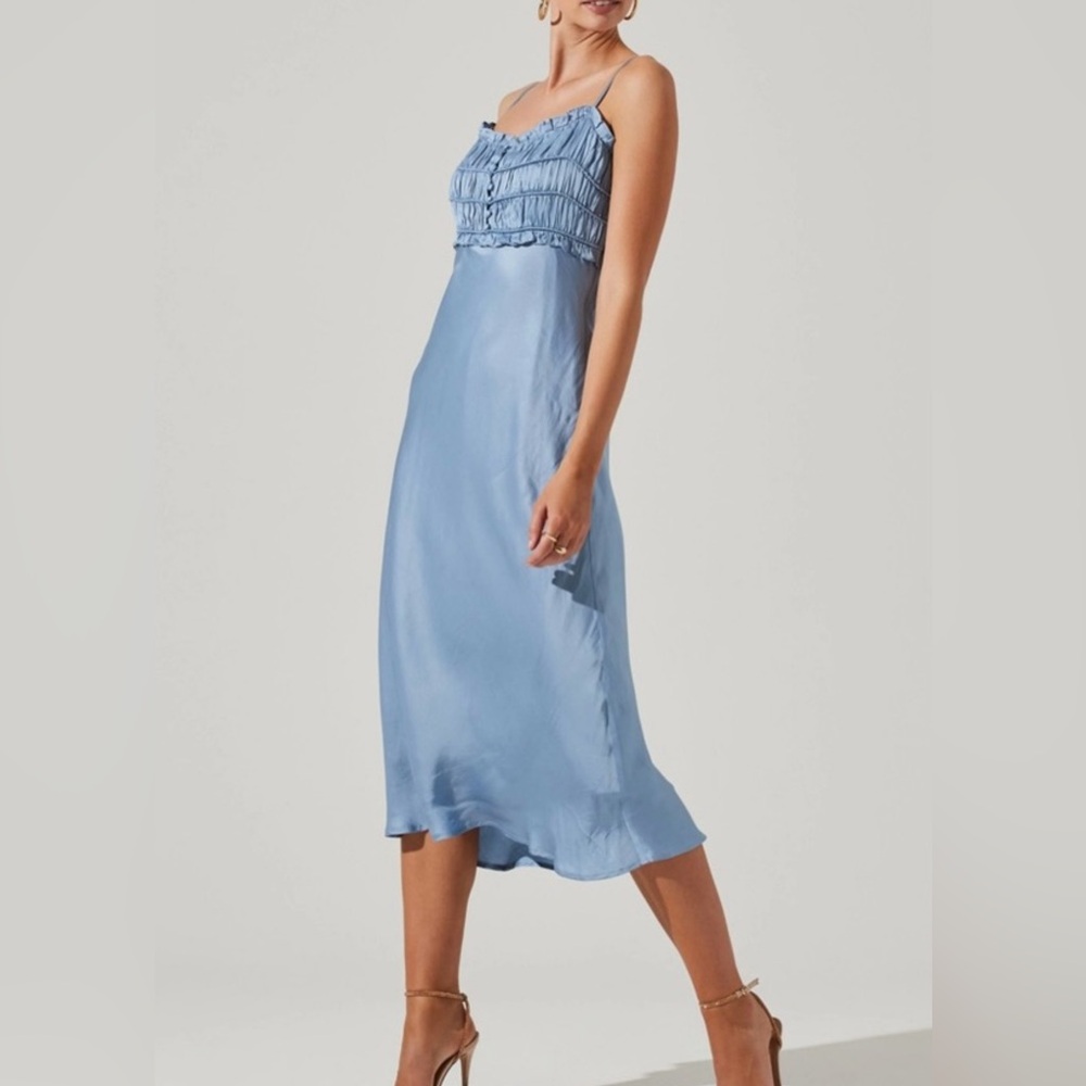 ASTR The Label Slip Dress Womens XS Blue  Zola Smocked Satin Lined Midi